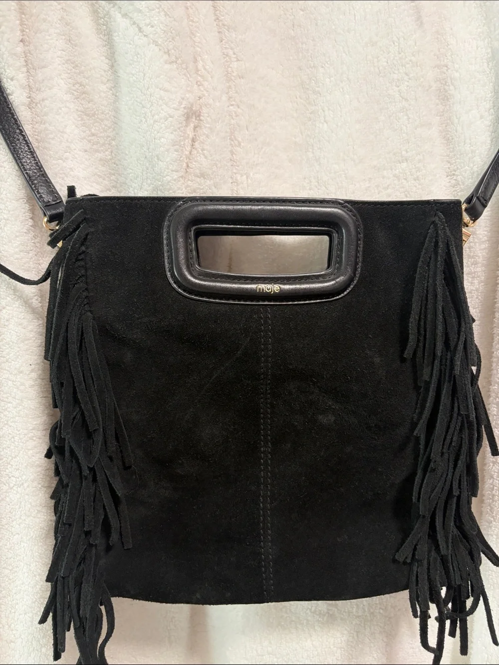 Maje Black Suede Fringe Crossbody with Cutout Handle